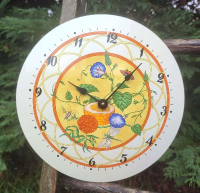 Horloge émaillée ronde bombée fleurs et fruits marque française