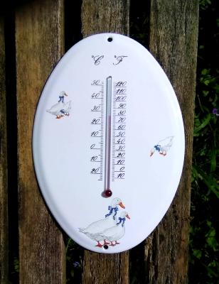 Thermomètre émaillé Oies Noeud bleu ovale de marque  Arémail Emalia