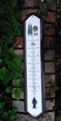 Thermomètre émaillé support bois reflets du jardin plaque émaillée sur bois massif 50 cm