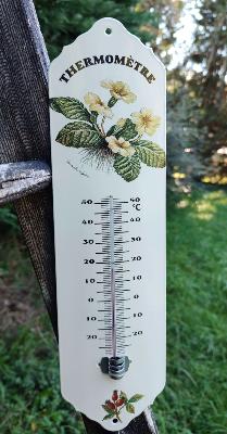 Thermomètre émaillé bouquet de primevères, thermomètre émail 35 cm