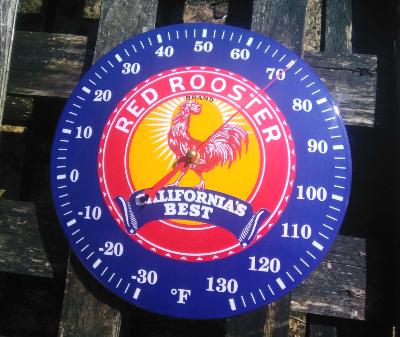 Thermomètre bombé à aiguille émaillé Vintage Rond Coq Red Rooster 