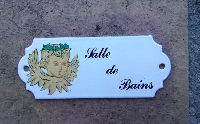 Plaque porte salle de bains émaillée Anges, plaque émail et cetera
