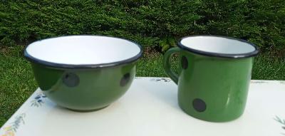 Mug émaillé vert pois noirs, bol émail assorti vaisselle pique-nique randonnée