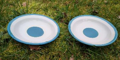 2 assiettes émaillées pique-nique bleues création originale Arémail Emalia 