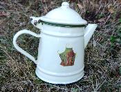 Cafetière émaillée décor jardin, vaisselle émaillée vintage
