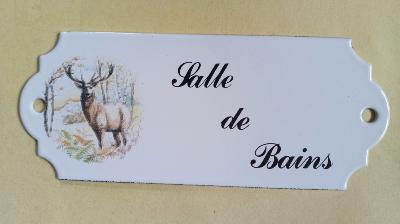 Plaque porte salle de bains émaillée cerf gibier, plaque émail et cetera