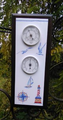 Station météo bois émail thème marin bois + plaque émaillée décorée