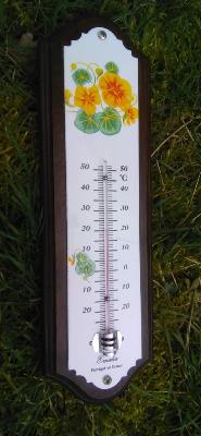 Thermomètre émaillé motif fleur capucines plaque émaillée déco sur bois massif 33 cm