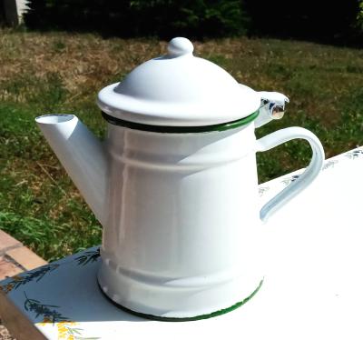 Cafetière émaillée unie blanche, vaisselle émaillée vintage