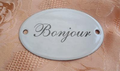 Plaque émaillée Bonjour, plaque de porte déco vintage ovale