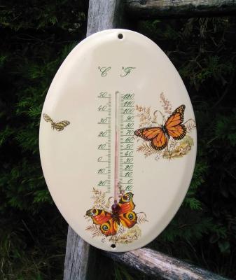 Grand thermomètre émail à l'ancienne décor papillons ovale Arémail Emalia