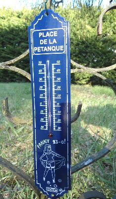 Thermomètre extérieur émaillé bleu Place de la pétanque 30 cm