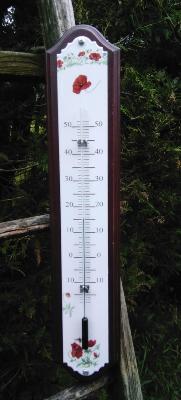 Thermomètre bois émail Coquelicot: plaque émaillée bois massif