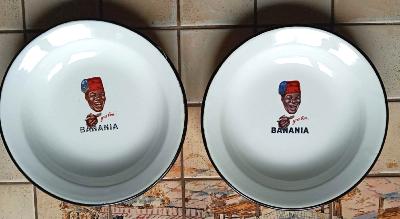 2 assiettes émaillées jaunes Banania vaisselle émaillée vintage