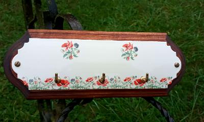 Plaque émaillée sur bois porte clés luxe coquelicot déco 