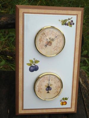 Station météo bois émail fruits bois + plaque émaillée décorée