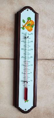 Thermomètre émaillé sur bois plaque émaillée décor fruits 