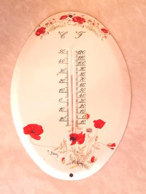 Grand thermomètre émail à l'ancienne Coquelicots ovale Arémail Emalia