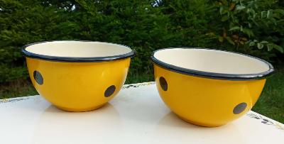Bol émail jaune pois noirs vaisselle émaillée incassable lot de 2
