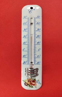 Ancien thermomètre émaillé blanc bouquet de fleurs 15 cm émail etc