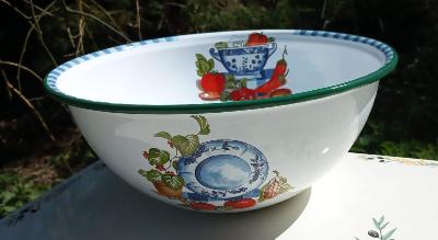 Grand saladier émaillé motif cuisine frise décorative carreaux bleus 27 cm