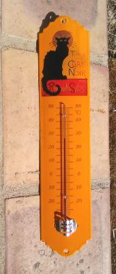 Thermomètre ancienne publicité Chat Noir émaillé orange, thermomètre émail 30 cm