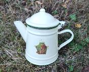 Cafetière émaillée décor jardin, vaisselle émaillée vintage