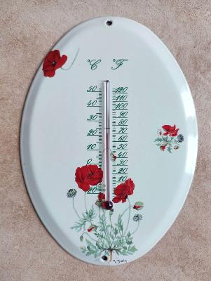 Grand thermomètre émail à l'ancienne Coquelicots ovale Arémail Emalia