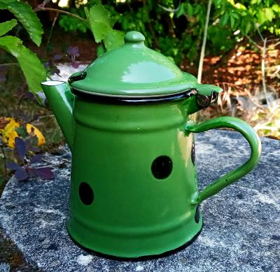 Cafetière émaillée vintage verte pois noirs acier émaillé affaire 