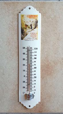 Thermomètre émaillé décoratif vintage Chamonix saut à ski 30 cm