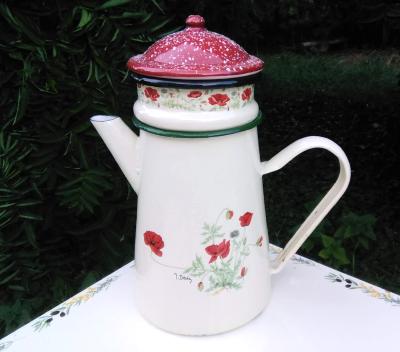 Cafetière émaillée motif fleur coquelicot cafetière filtre vintage