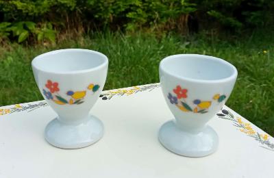 2 coquetiers porcelaine blanche émaillée décor poussin fleurette petit prix