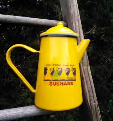 Cafetière émaillée jaune Vintage Suchard chocolat émail traditionnel