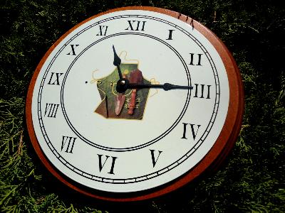 Horloge émaillée bois massif + plaque émaillée ronde décor jardin