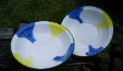 2 Saladiers émaillés décor jaune bleu 26 cm création Arémail Emalia