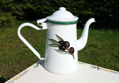 Cafetière émaillée olives noires 0,7L, émail blanc à l'ancienne