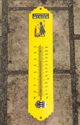 Thermomètre jaune Menier émaillé publicitaire Vintage 30 cm