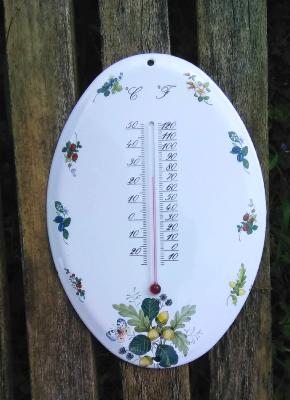 Grand thermomètre émaillé fleurs fruits ovale Arémail Emalia