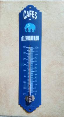 Thermomètre émaillé ancienne publicité cafés éléphant bleu: thermomètre émail décoratif 30 cm