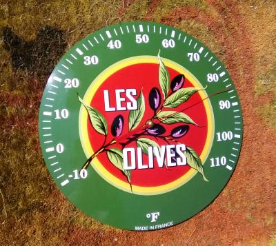 Thermomètre émaillé rond bombé à aiguille original Les Olives superbe