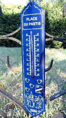 Thermomètre émaillé bleu Place du Pastis; thermomètre extérieur déco Pub