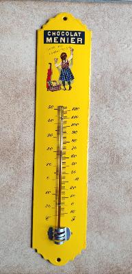 Thermomètre jaune Menier émaillé publicitaire Vintage 30 cm