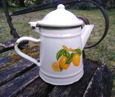 Cafetière émaillée vert pâle fleurs fruits couleurs vives émail traditionnel