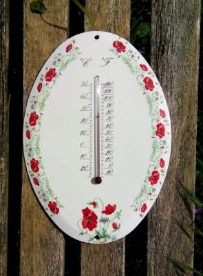 Grand thermomètre émail à l'ancienne Coquelicots ovale Arémail Emalia