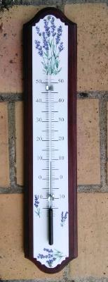 Thermomètre bois émail lavande Provence: plaque émaillée sur bois massif 50 cm
