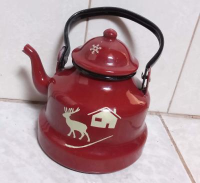 Bouilloire émaillée rouge bordeaux déco montagne tous feux décorative 1 Litre