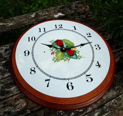 Horloge bois massif + plaque émaillée ronde coccinelles: pendule haut de gamme