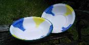 2 Saladiers émaillés décor jaune bleu 26 cm création Arémail Emalia
