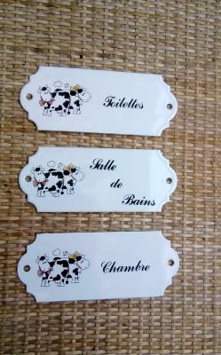 3 plaques émaillées motif vache toilettes chambre bains émail et cetera