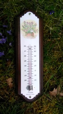 Thermomètre émaillé thym en pot, plaque émaillée déco sur bois massif 33 cm